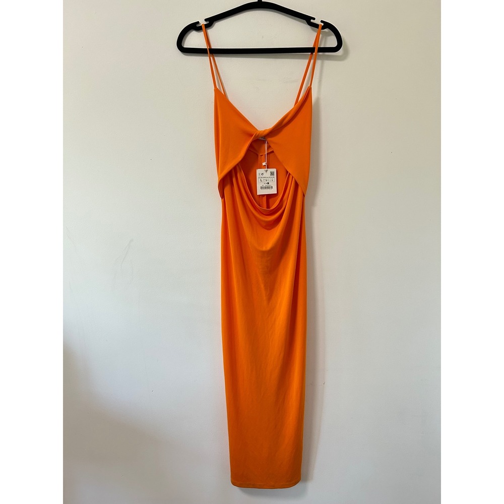 Zara Cutout Twist Front Midi Dress Womens Large Orange NWT Summer Party 2568